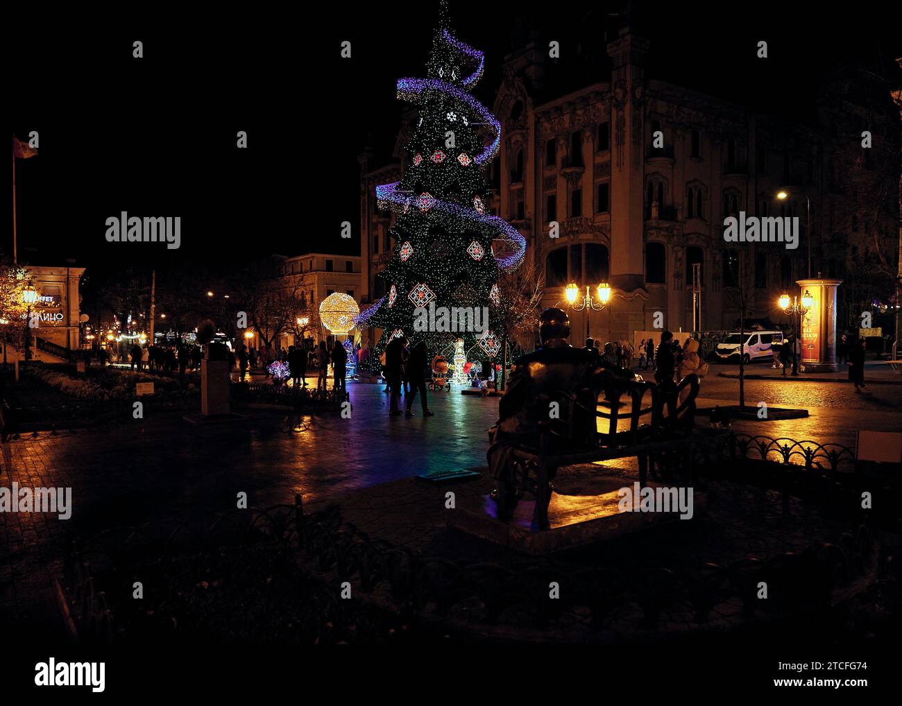 Christmas trees and light decorations on main city street Deribasovskaya in Odessa Ukraine. Stock Photo