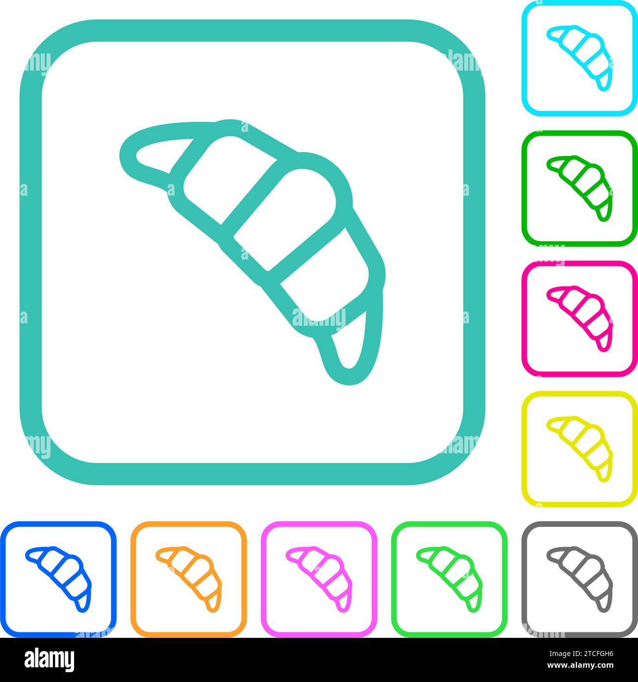 Croissant outline vivid colored flat icons in curved borders on white background Stock Vector
