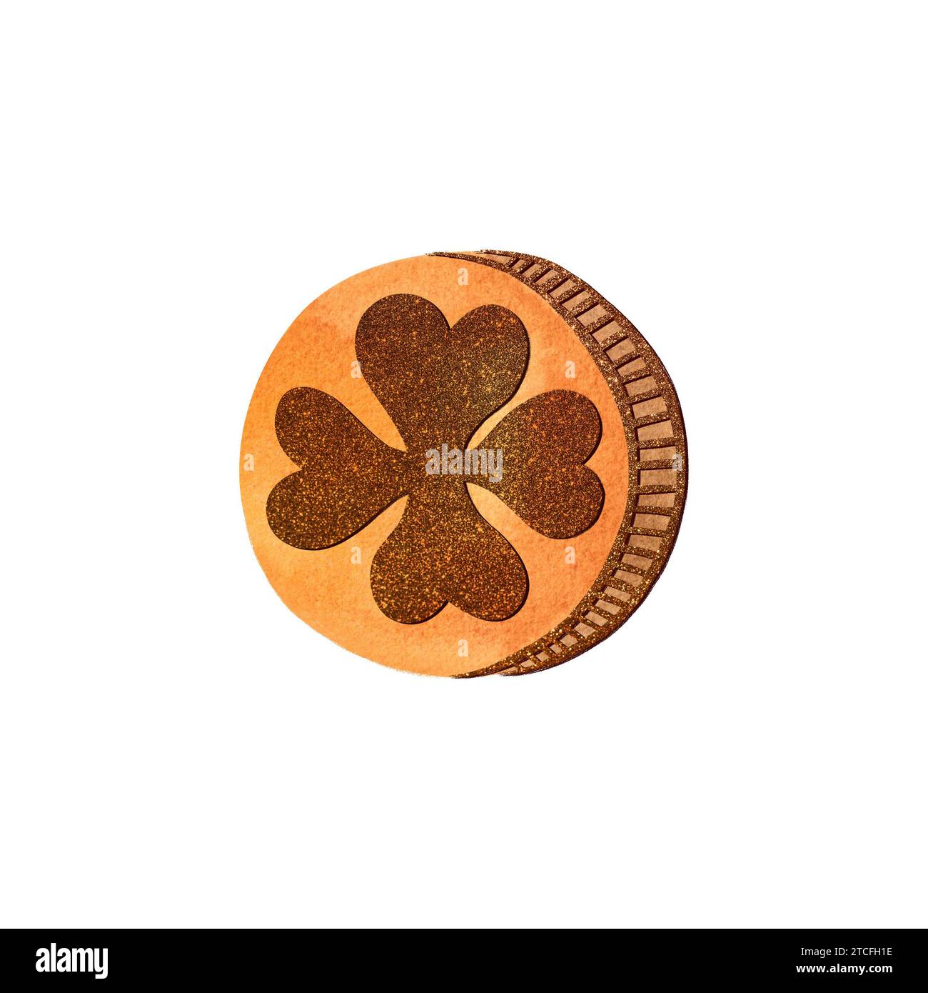 Gold coin with four leaf clover. Leprechaun money. Ireland. Isolated watercolor illustration on