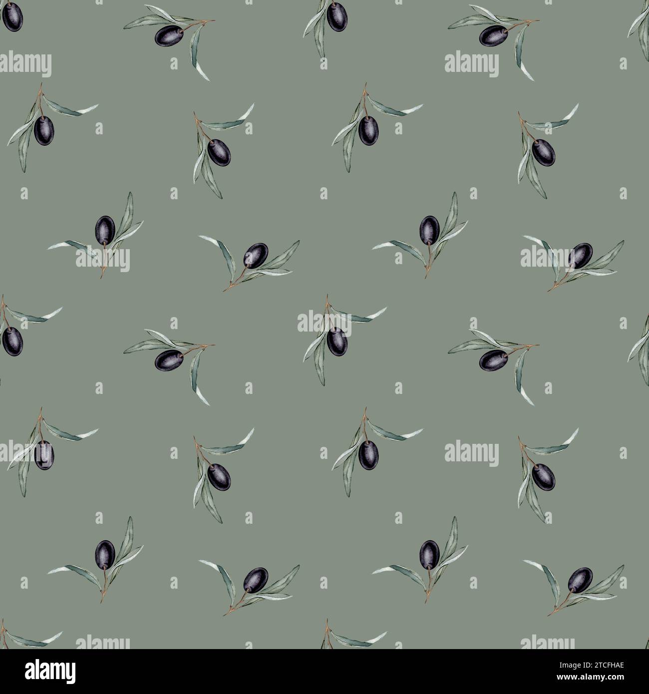 Watercolor seamless pattern with black and green olives and branch ...