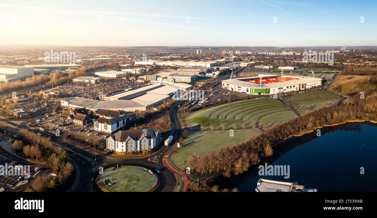 LAKESIDE, DONCASTER, UK DECEMBER 6, 2023. An aerial view of the