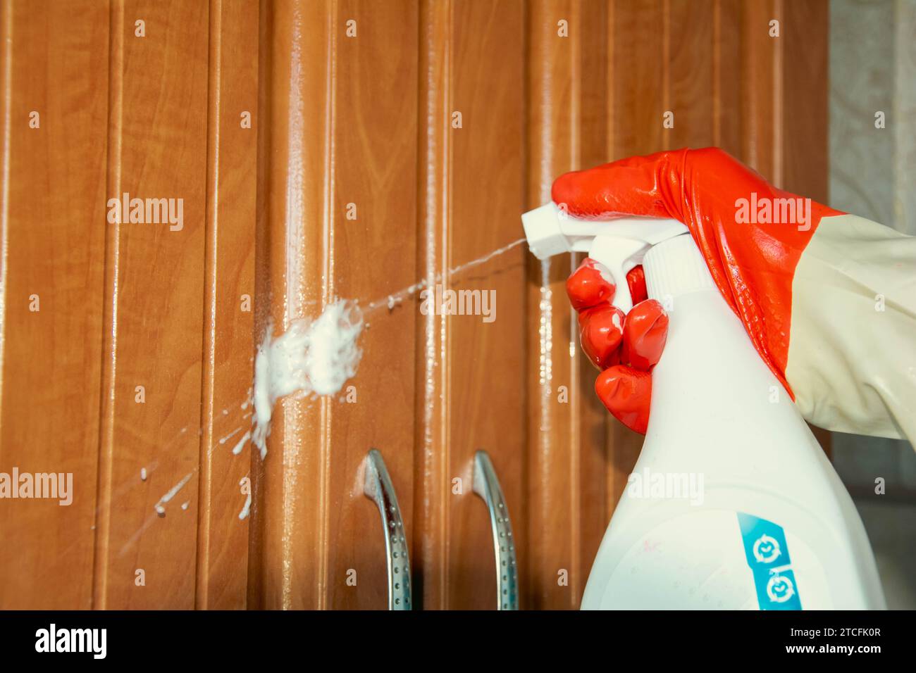 A housewife wearing rubber gloves is diligently cleaning the kitchen cupboard with a sponge and detergent, ensuring a spotless and hygienic environmen Stock Photo