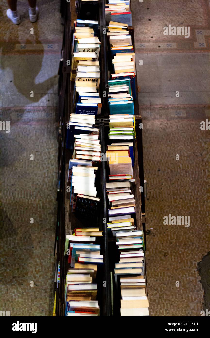 High angle view of used books for sale on a cart at a bookstore Stock Photo