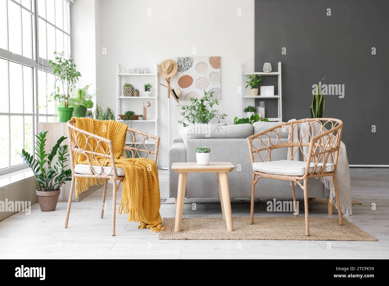 Interior of modern living room with armchairs, grey sofa and ...
