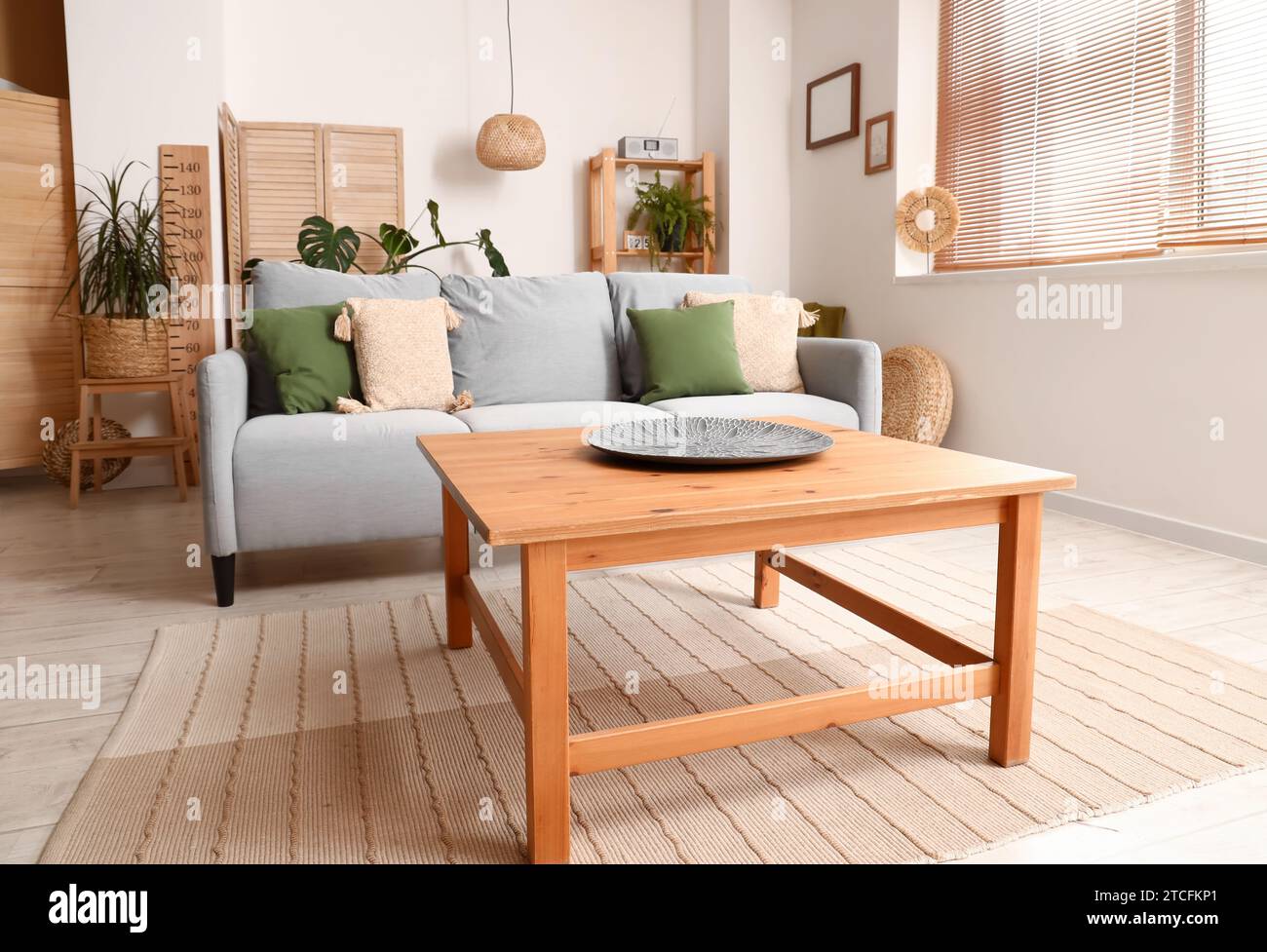 Interior of modern living room with grey sofa and wooden coffee table ...