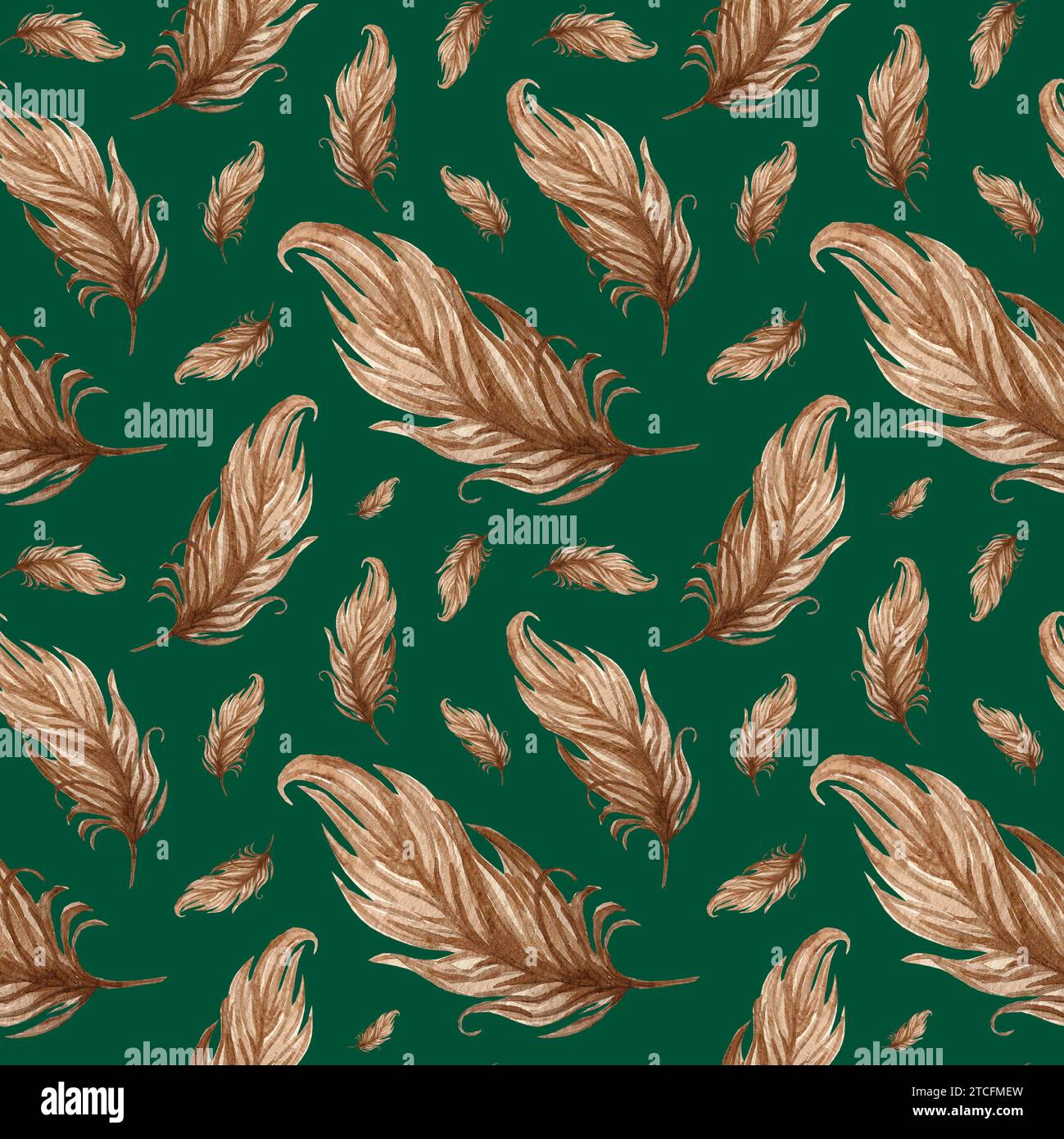 Watercolor seamless pattern with quail, bird, chicken feathers