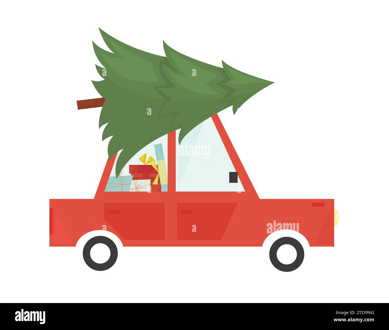 Christmas car delivering christmas tree and gifts. Vector flat cartoon colorful illustration for greeting card and new year design Stock Vector