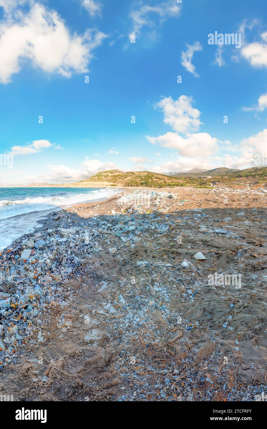 Plastic waste on a beach in Crete, Greece Stock Photo
