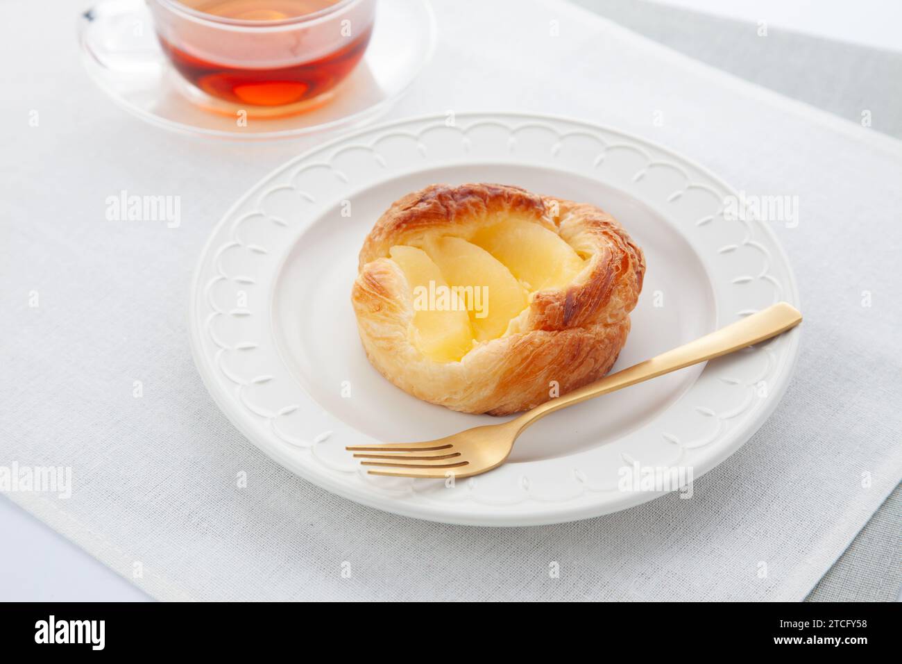 apple pie hot tea on table Stock Photo