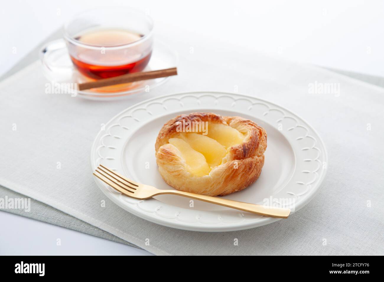 apple pie hot tea on table Stock Photo