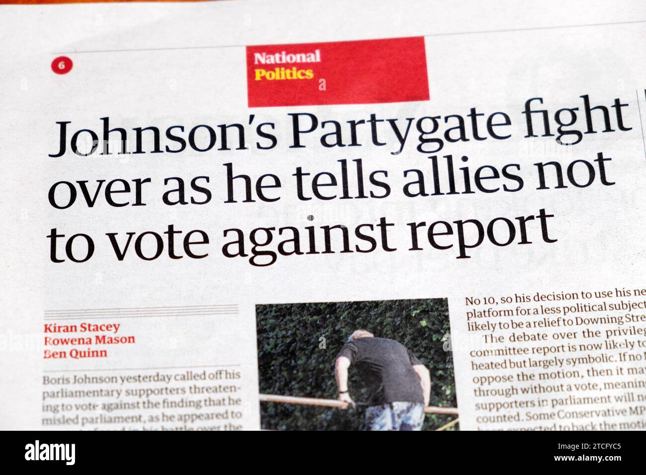 Boris 'Johnson 's Partygate fight over as he tells allies not to vote against report' Guardian newspaper headline Covid pandemic article 17 June 2023 Stock Photo