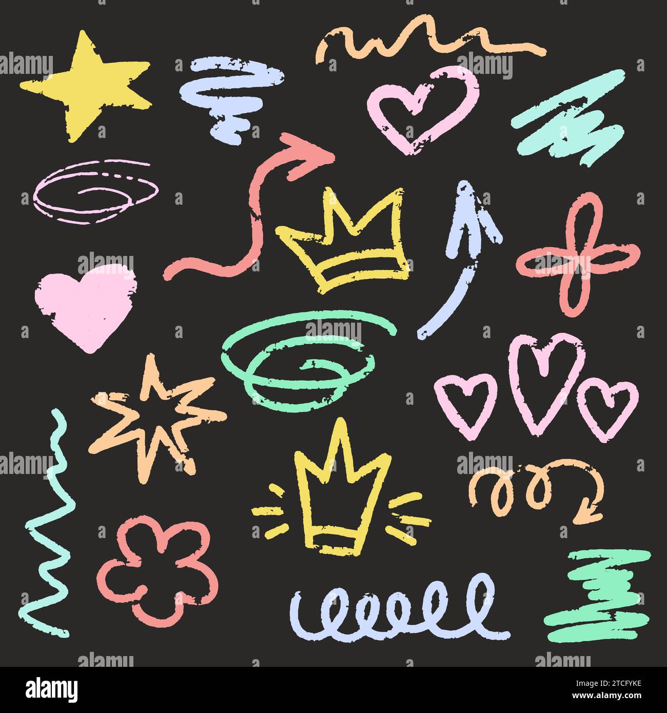 Crayon brush hand drawn strokes set. Heart, star and flower shaped, chalk arrows, wavy lines sketch elements. Stock Vector