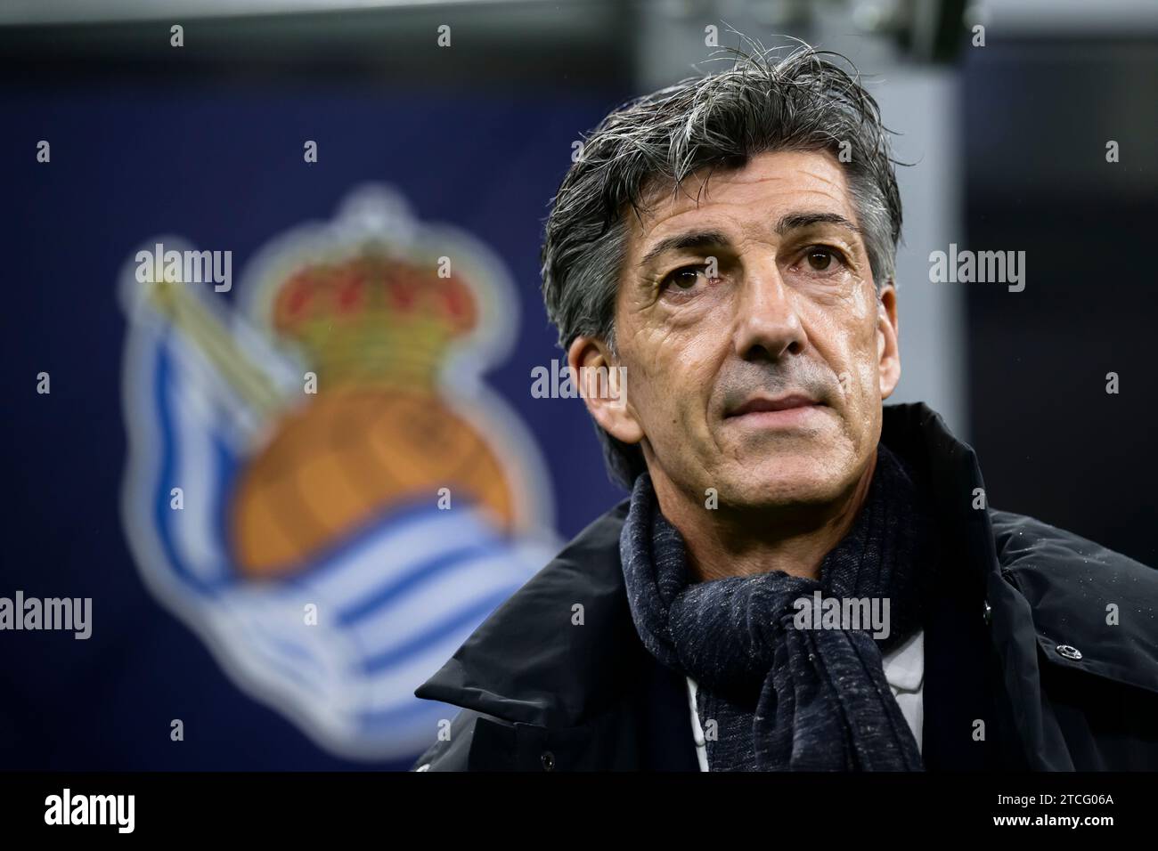 Milan, Italy. 12 December 2023. Imanol Alguacil, head coach of Real Sociedad, looks on prior to the UEFA Champions League football match between FC Internazionale and Real Sociedad. Credit: Nicolò Campo/Alamy Live News Stock Photo