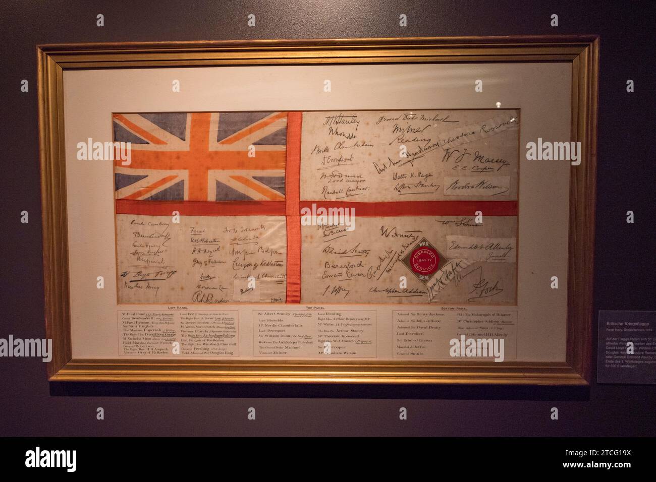 A British Royl Navy flag from WWI signed by many politicians and War personnel in the International Maritime Museum in HafenCity, Hamburg, Germany. Stock Photo