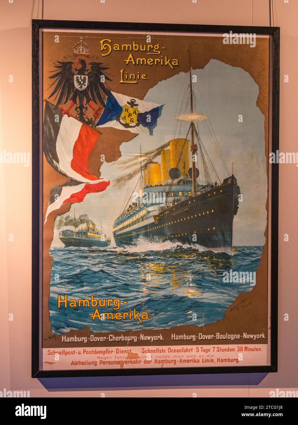 Vintage poster promoting the Hamburg-Amerika Linie cruuise from Hamburg to New York, International Maritime Museum, Hamburg, Germany. Stock Photo