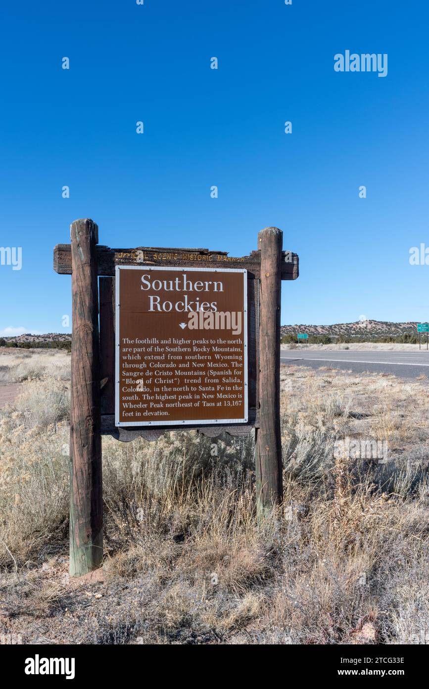 Historical marker for Southern Rockies at intersection of U.S. 285 and Old Lamy Trail, New Mexico, United States. Stock Photo
