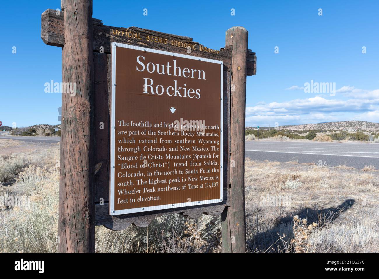 Historical marker for Southern Rockies at intersection of U.S. 285 and Old Lamy Trail, New Mexico, United States. Stock Photo
