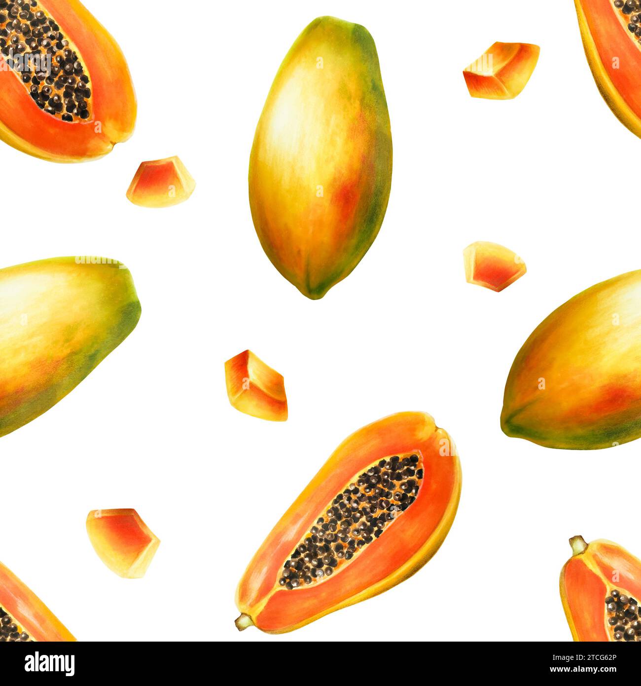Watercolor sweet ripe seamless pattern with half a papaya and grains ...