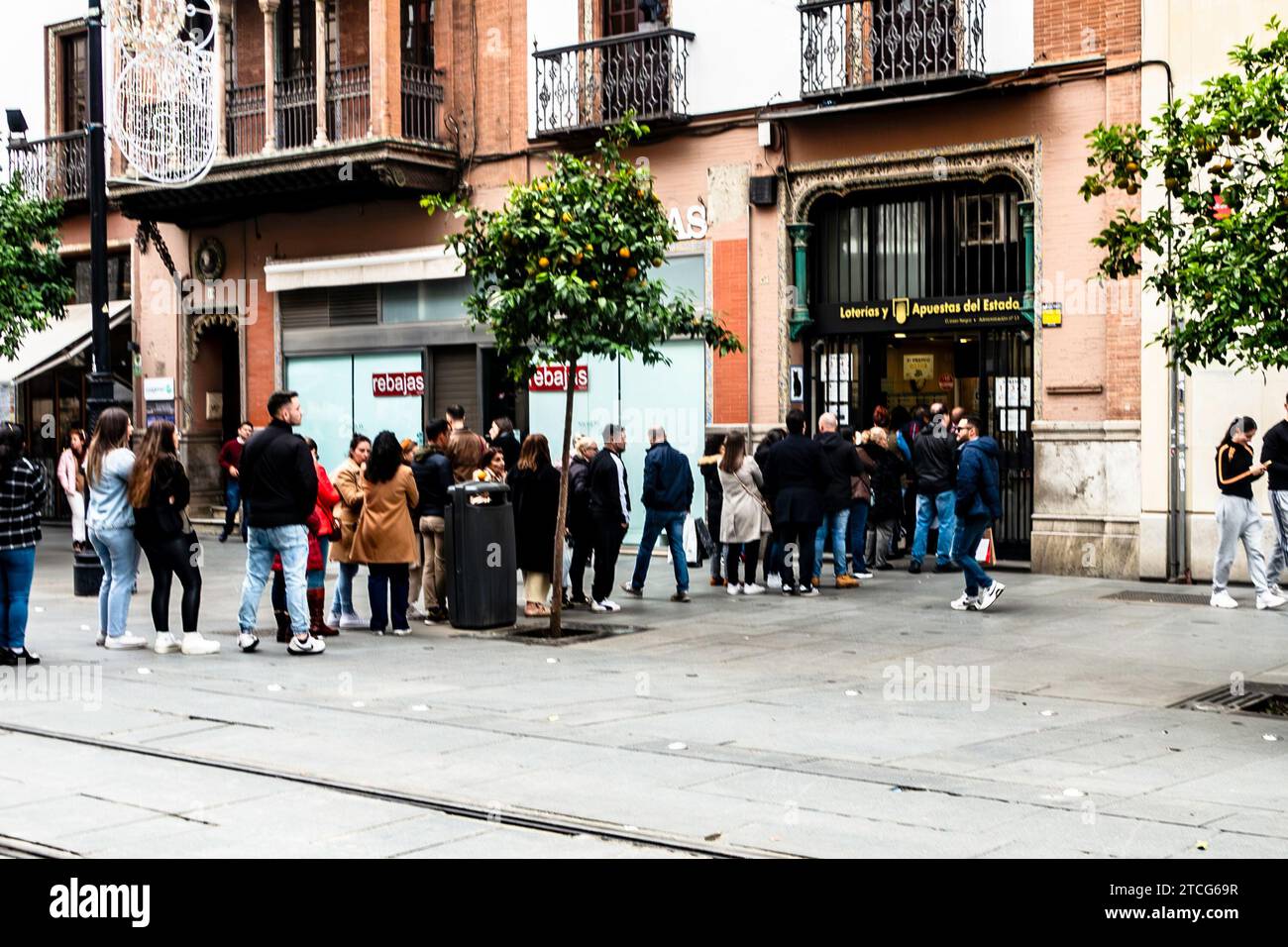 A queue in Seville Spain for tickets for the special Christmas Lottery  Draw known as El Gordo. held on the 22nd December. Stock Photo