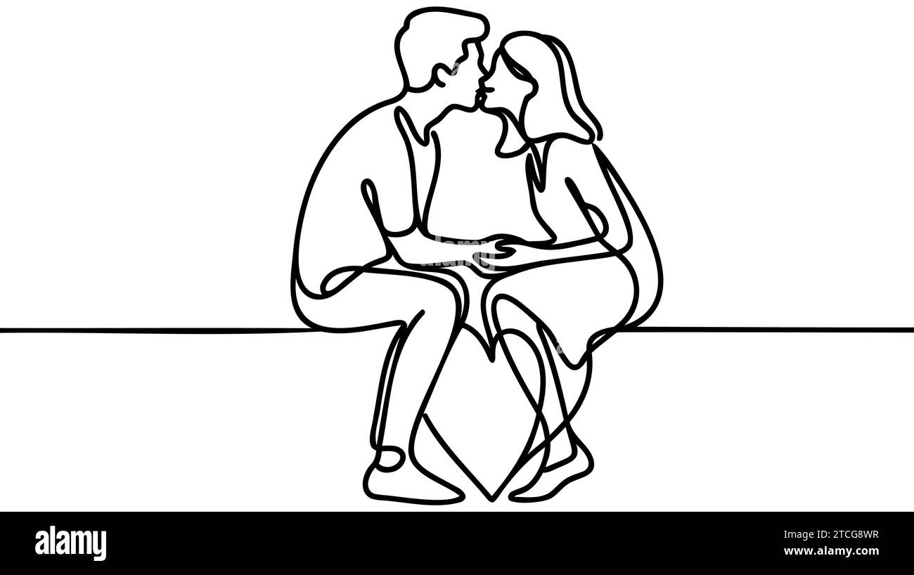 Continuous one line drawing. Loving couple woman and man sitting and ...
