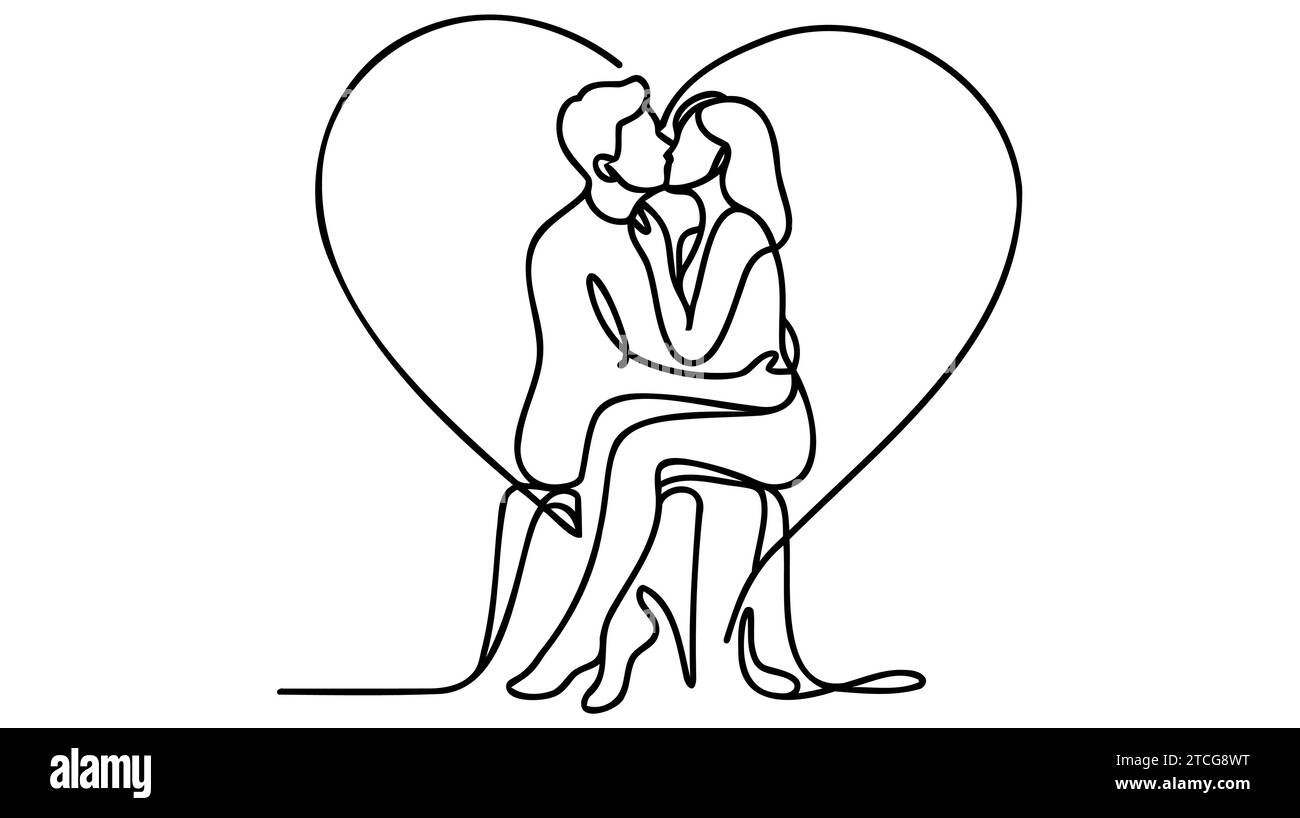 Continuous one line drawing. Loving couple woman and man sitting and ...