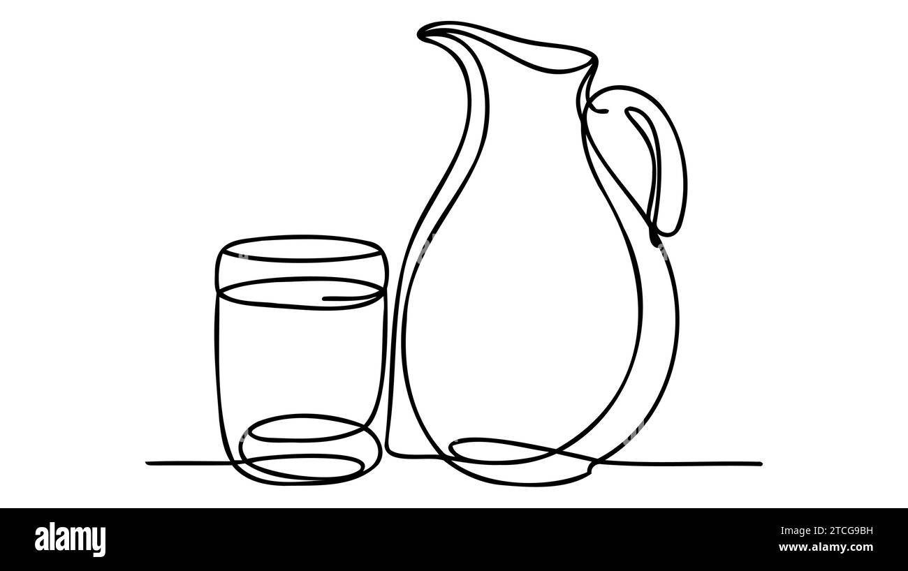 Drawing a continuous line. Jug and glass on white isolated background ...