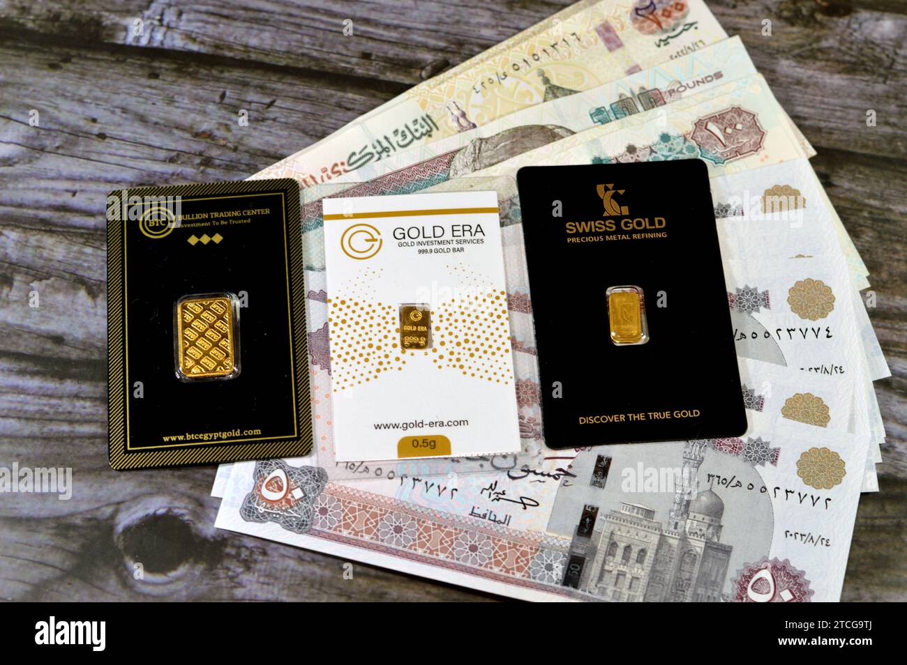 Cairo, Egypt, December 10 2023 24K karat BTC, Swiss Gold, Gold Era pure yellow gold of bars and