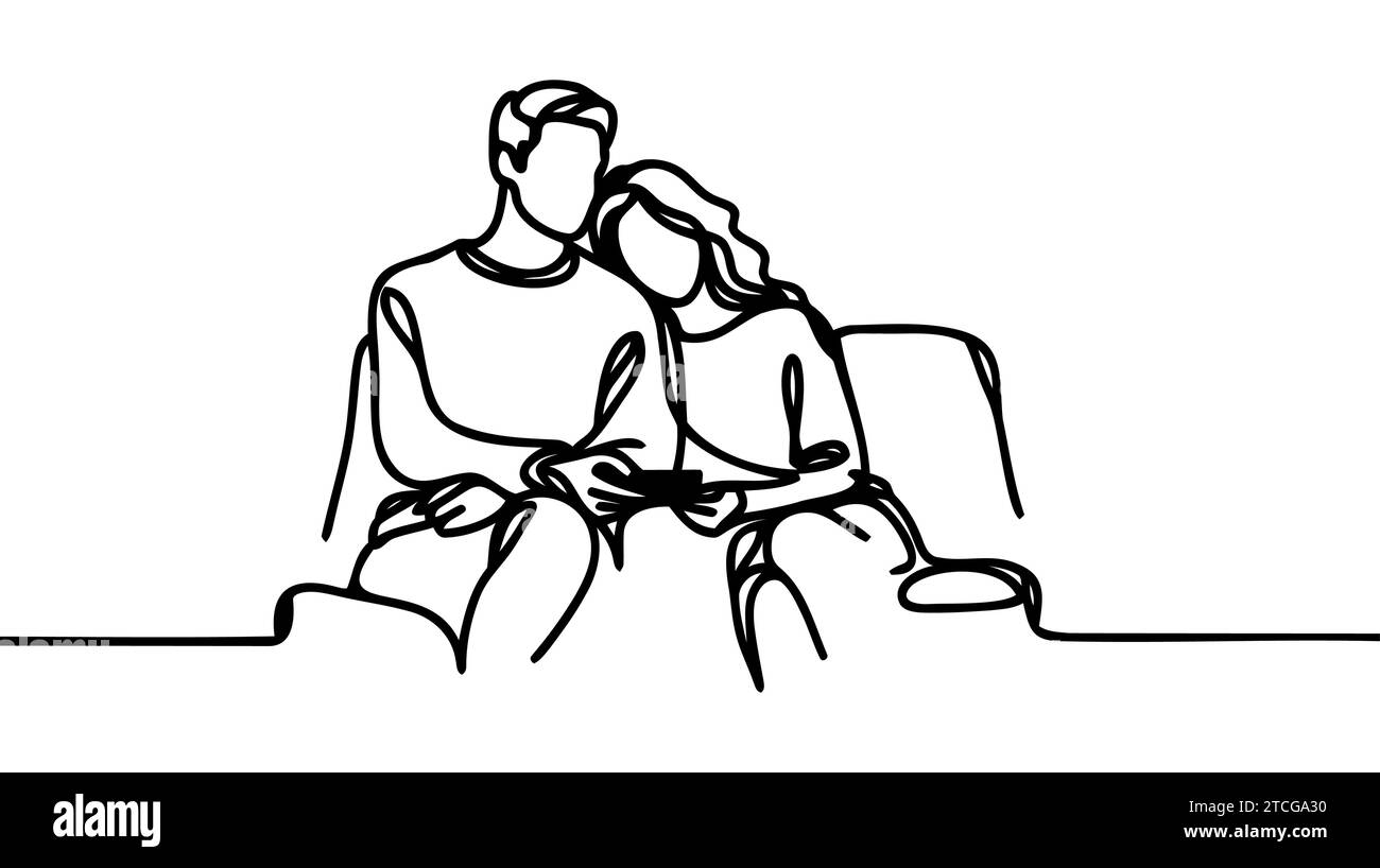 Continuous one line drawing couple watching TV together sitting on sofa. Happy man and woman relaxing in living room. Romantic couple having fun toget Stock Vector