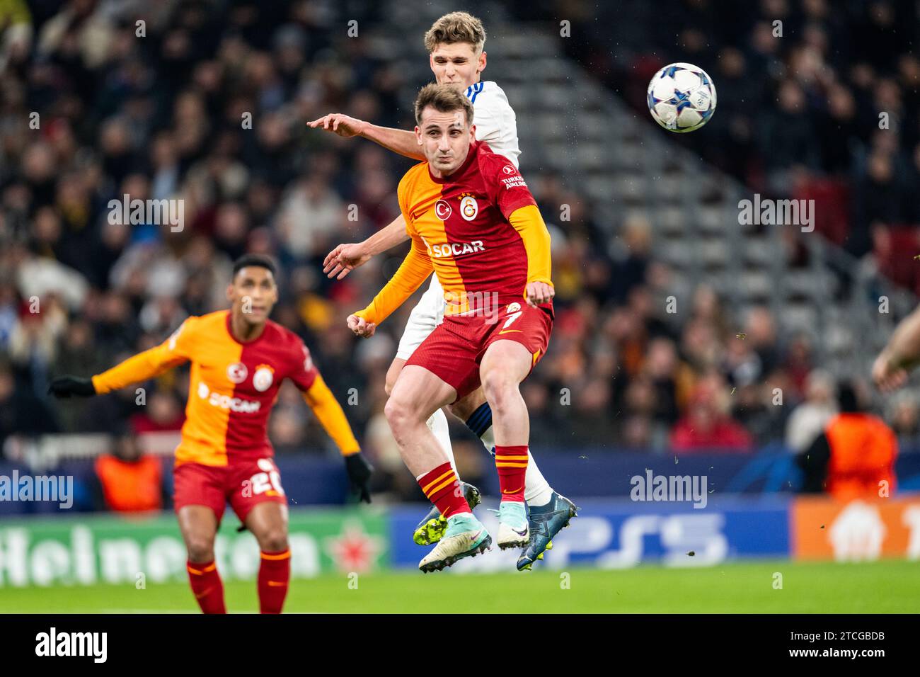 Copenhagen, Denmark. 12th Dec, 2023. Kerem Akturkoglu (7) of Galatasaray and Elias Jelert (7) of FC Copenhagen seen during the UEFA Champions League match between FC Copenhagen and Galatasaray at Parken in Copenhagen. (Photo Credit: Gonzales Photo/Alamy Live News Stock Photo