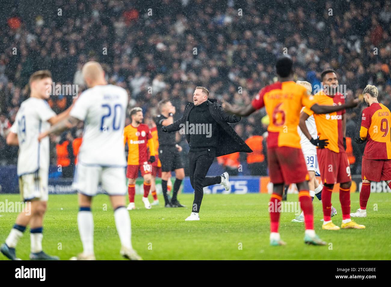 Copenhagen, Denmark. 12th Dec, 2023. Head coach Jacob Neestrup of FC Copenhagen seen celebrating after the win in the UEFA Champions League match between FC Copenhagen and Galatasaray at Parken in Copenhagen. (Photo Credit: Gonzales Photo/Alamy Live News Stock Photo