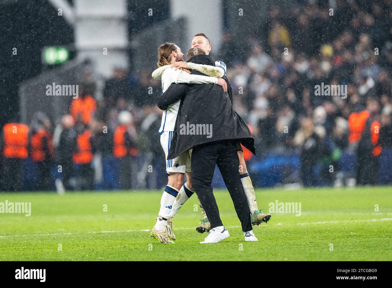 Copenhagen, Denmark. 12th Dec, 2023. Head coach Jacob Neestrup of FC Copenhagen seen celebrating with Rasmus Falk (33) and Viktor Claesson (7) after the win in the UEFA Champions League match between FC Copenhagen and Galatasaray at Parken in Copenhagen. (Photo Credit: Gonzales Photo/Alamy Live News Stock Photo