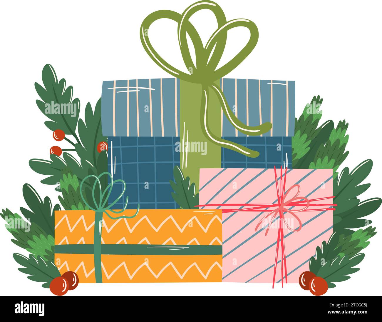 Composition with gift boxes, Christmas spruce branches and holly Stock ...