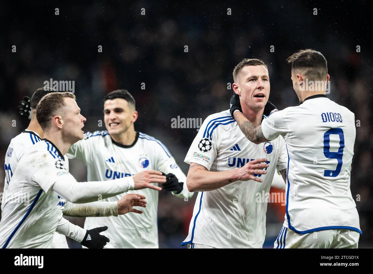 Copenhagen, Denmark. 12th Dec, 2023. Lukas Lerager (12) of FC Copenhagen scores for 1-0 during the UEFA Champions League match between FC Copenhagen and Galatasaray at Parken in Copenhagen. (Photo Credit: Gonzales Photo/Alamy Live News Stock Photo