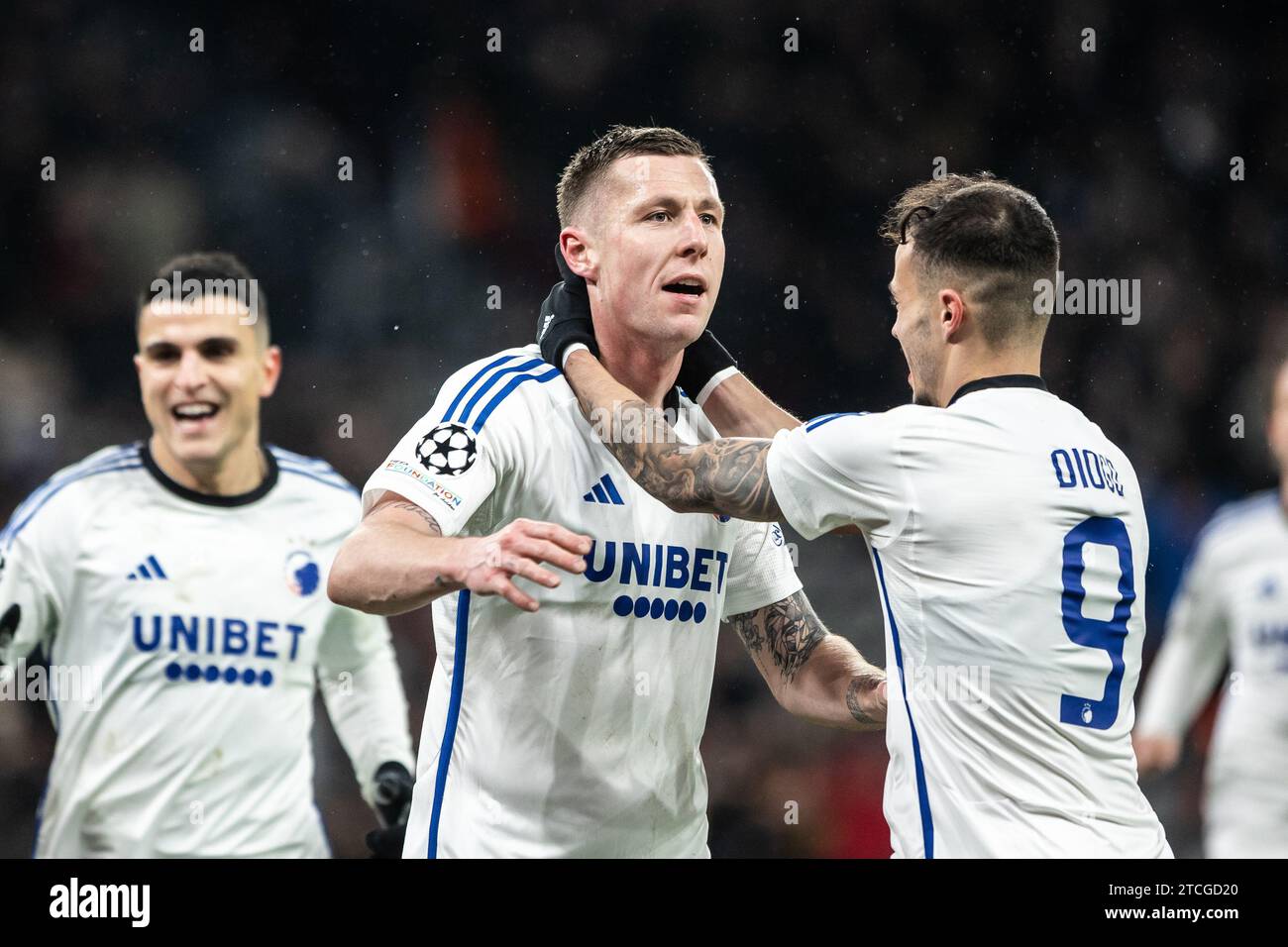Copenhagen, Denmark. 12th Dec, 2023. Lukas Lerager (12) of FC Copenhagen scores for 1-0 during the UEFA Champions League match between FC Copenhagen and Galatasaray at Parken in Copenhagen. (Photo Credit: Gonzales Photo/Alamy Live News Stock Photo