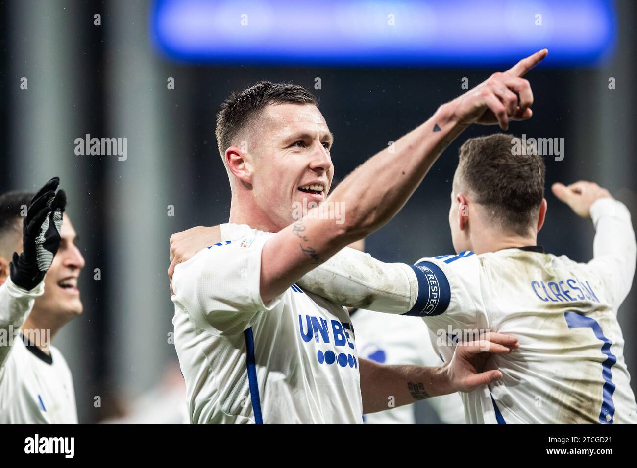Copenhagen, Denmark. 12th Dec, 2023. Lukas Lerager (12) of FC Copenhagen scores for 1-0 during the UEFA Champions League match between FC Copenhagen and Galatasaray at Parken in Copenhagen. (Photo Credit: Gonzales Photo/Alamy Live News Stock Photo