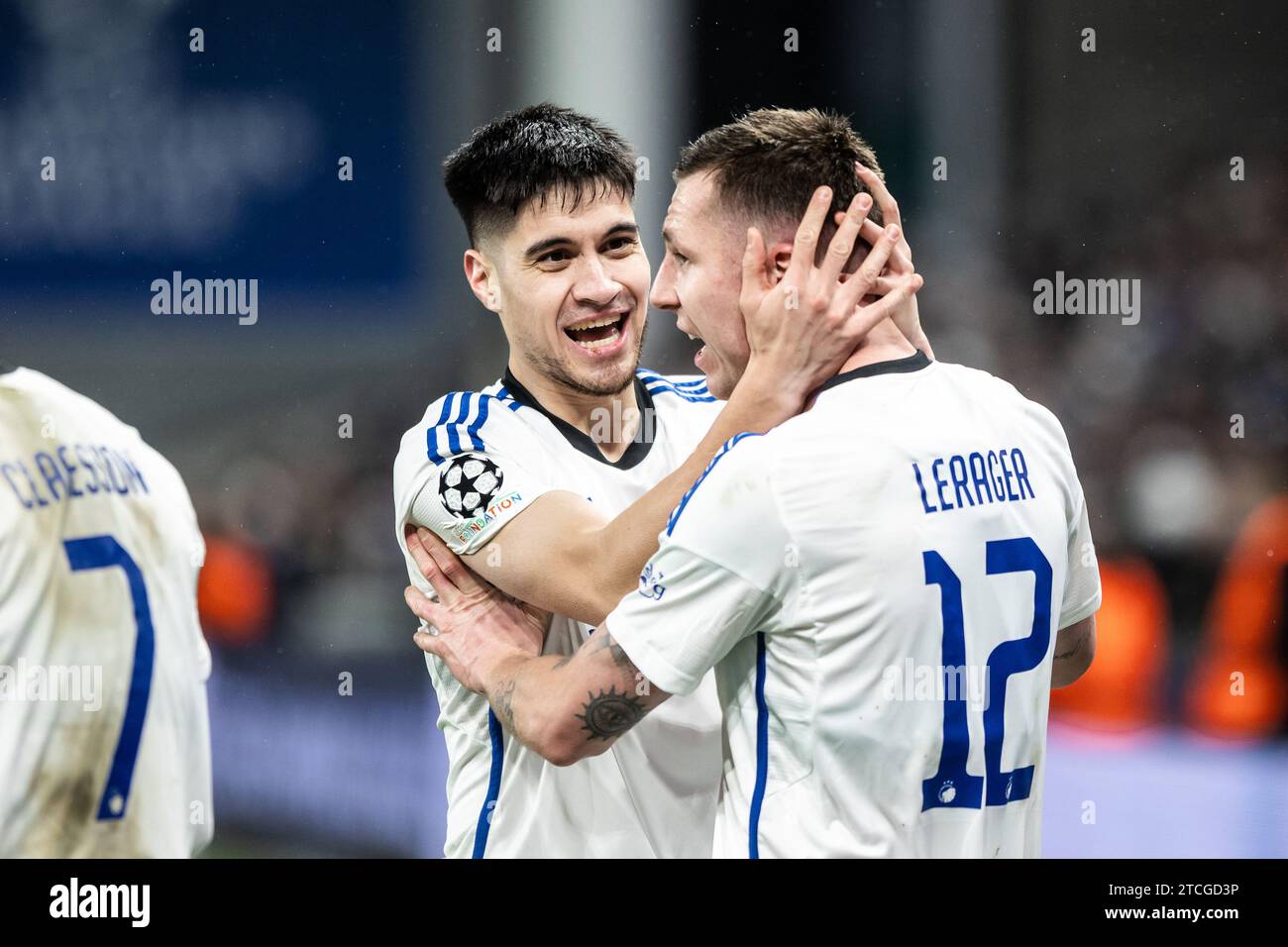 Copenhagen, Denmark. 12th Dec, 2023. Lukas Lerager (12) of FC Copenhagen scores for 1-0 and celebrates with Kevin Diks (2) during the UEFA Champions League match between FC Copenhagen and Galatasaray at Parken in Copenhagen. (Photo Credit: Gonzales Photo/Alamy Live News Stock Photo