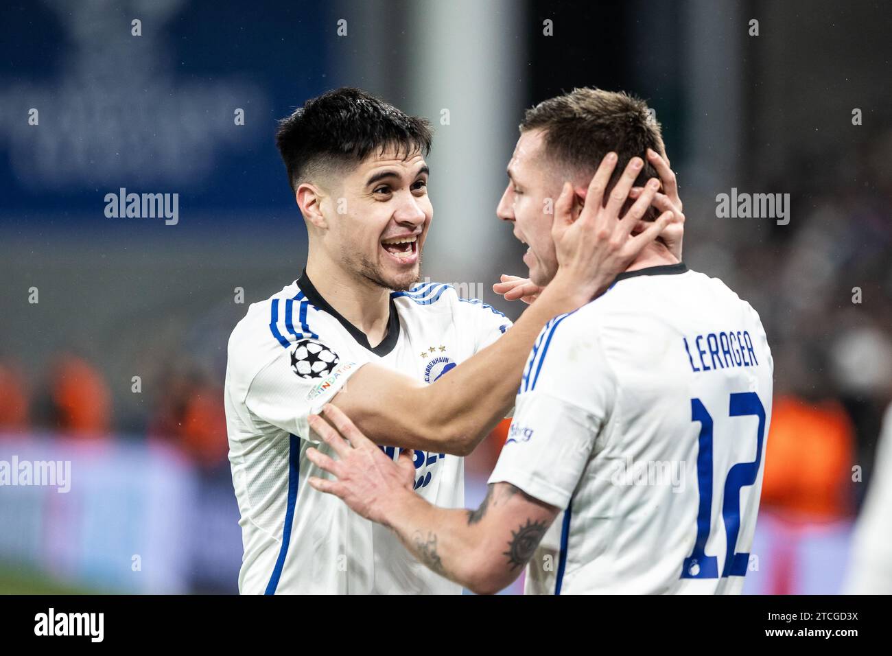 Copenhagen, Denmark. 12th Dec, 2023. Lukas Lerager (12) of FC Copenhagen scores for 1-0 and celebrates with Kevin Diks (2) during the UEFA Champions League match between FC Copenhagen and Galatasaray at Parken in Copenhagen. (Photo Credit: Gonzales Photo/Alamy Live News Stock Photo