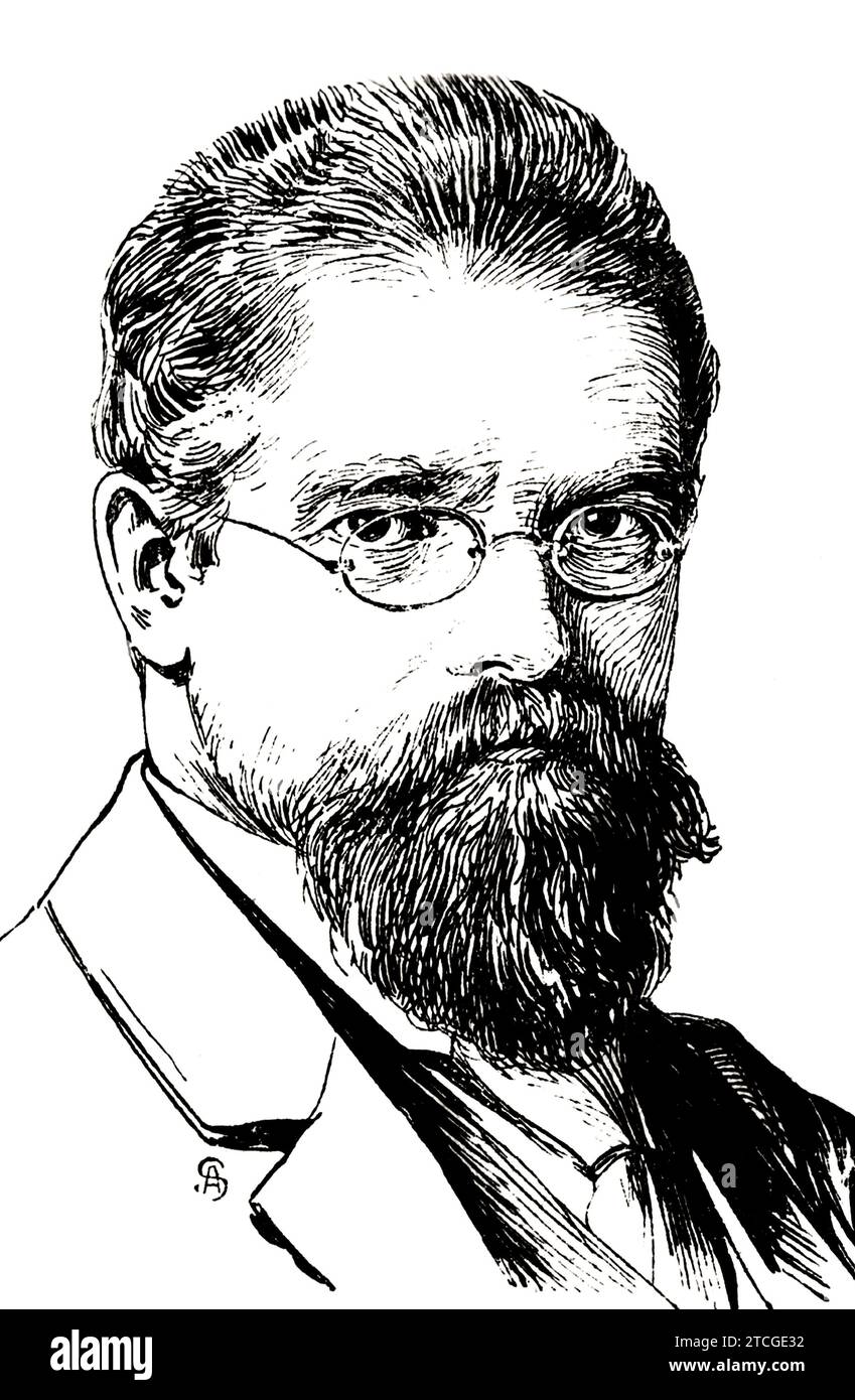 1895 c. , Lipsing , GERMANY  : The celebrated german engraver and sculptor MAX KLINGER ( 1857 - 1920 ). Portrait by unknown engraver . - PORTRAIT - RITRATTO - HISTORY - INCISORE - SCULTORE - SCULTURA - ARTE - ARTS - lens - occhiali da vista - beard - barba ---  ARCHIVIO GBB Stock Photo