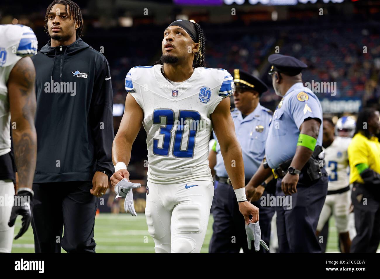 Detroit Lions cornerback Khalil Dorsey (30) warms up before an NFL