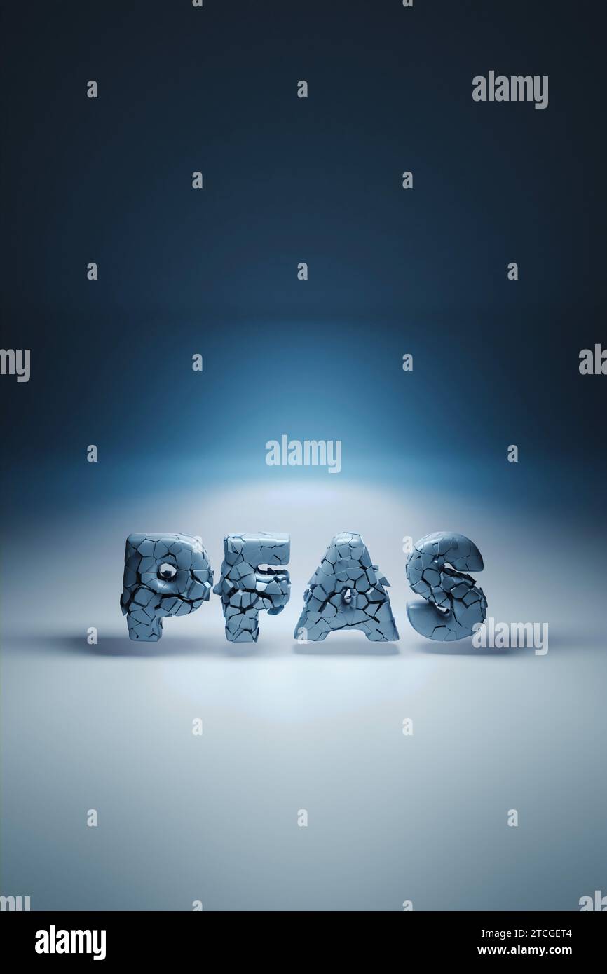 PFAS sign on a blue background crashing in a small particles