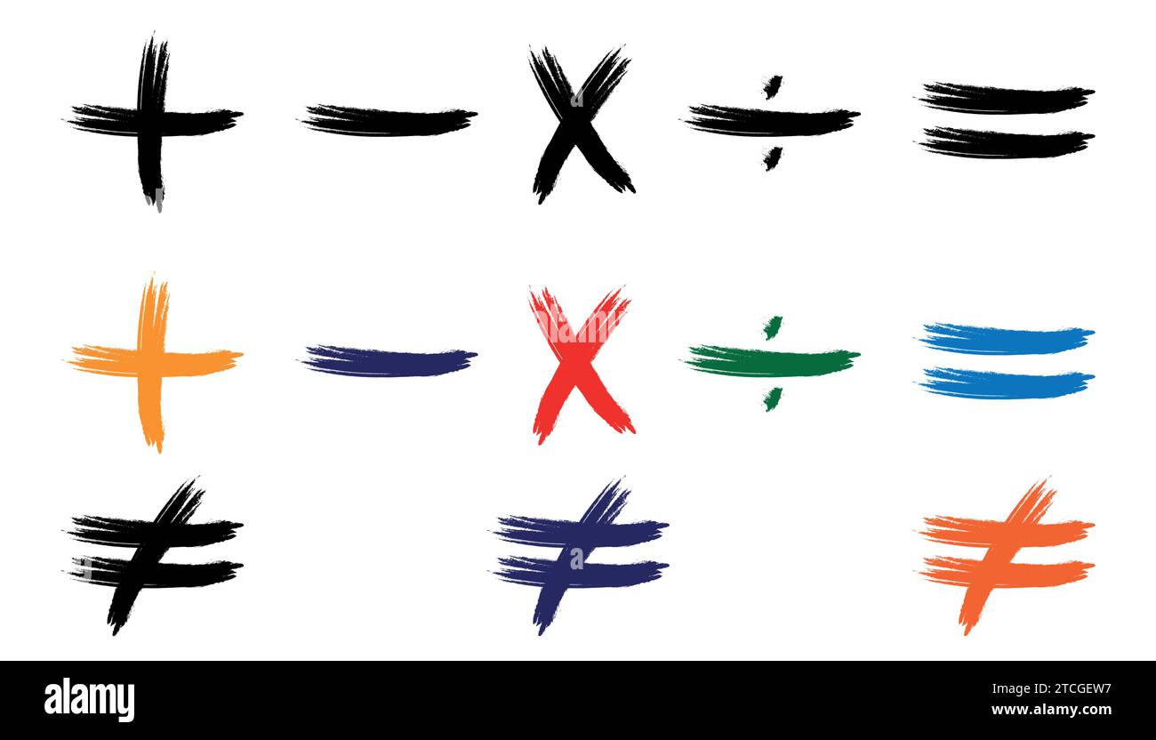 Mathematical vector brushes symbolize plus, minus, multiplication, equal not equal sign symbol and division resources for teachers and students. Stock Vector