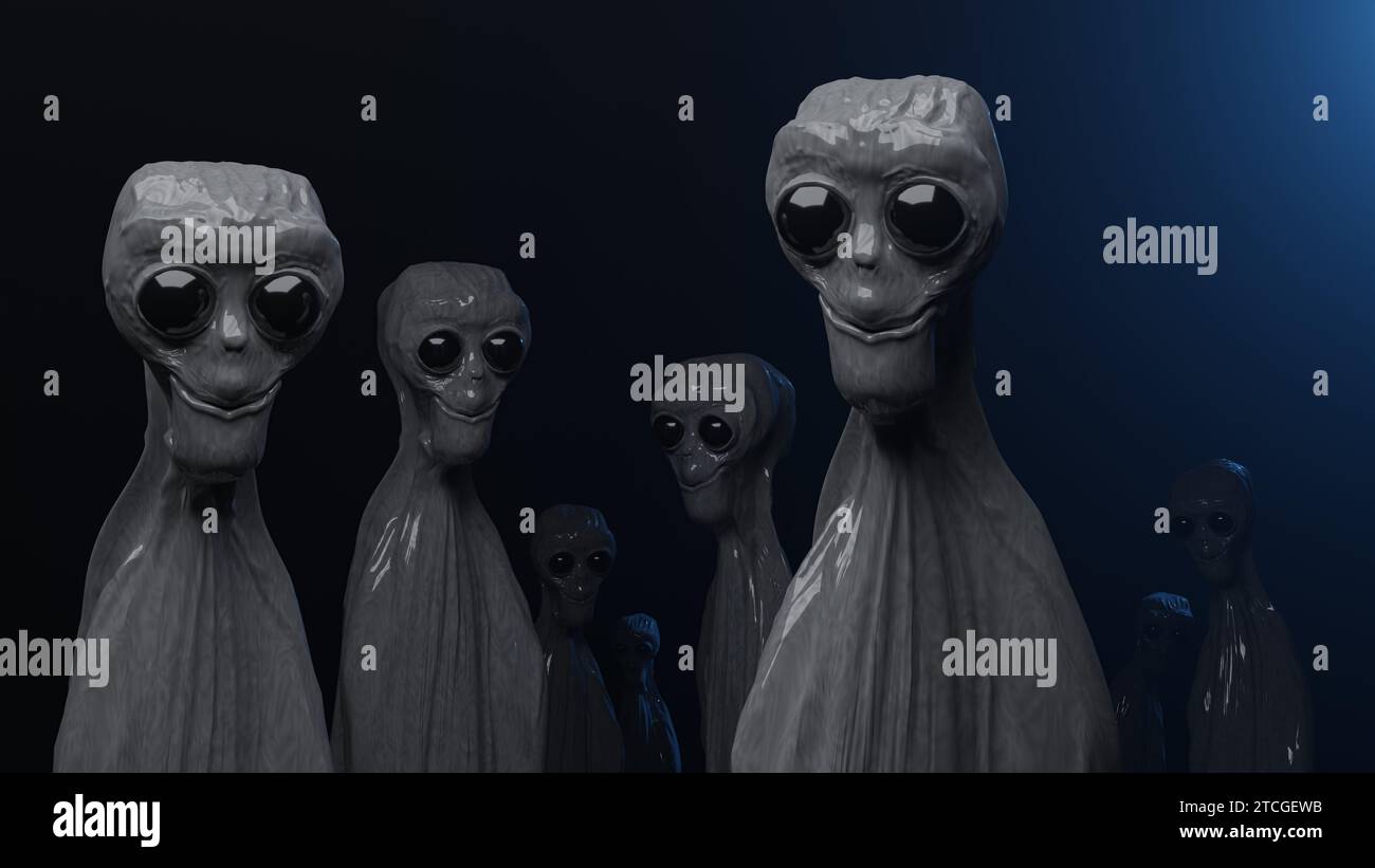 Aliens with a big eyes in a blue background - creepy conceptual illustration Stock Photo