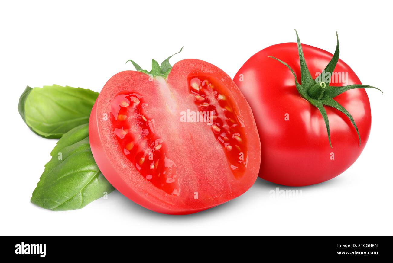 Fresh tomatoes and basil leaves isolated on white Stock Photo - Alamy