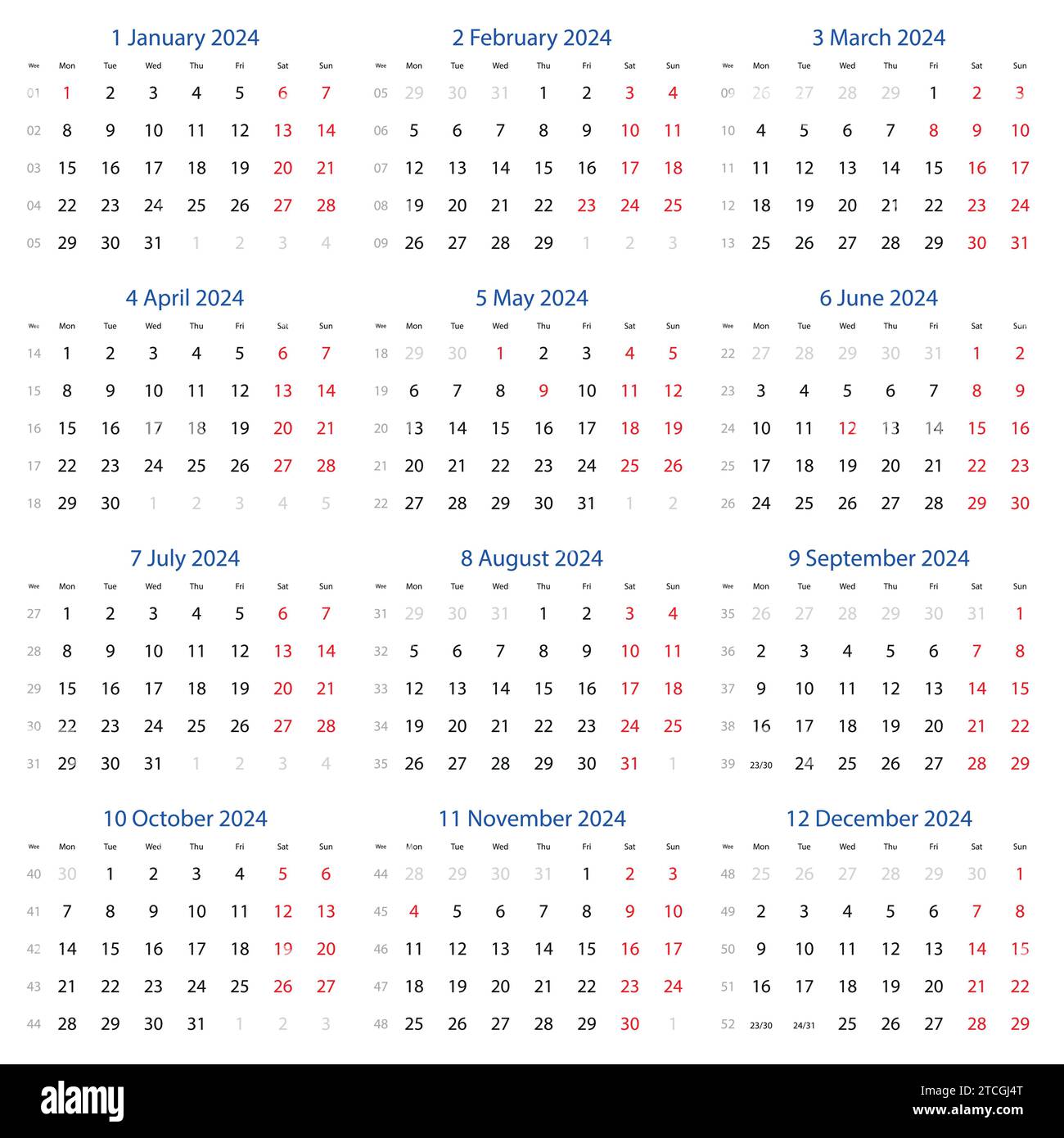 Vector calendar 2024 with the week begins on monday. Stock Vector