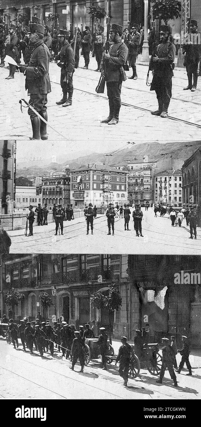 08/16/1917. The state of War in Bilbao - 1. Proclamation of Martial law (Infantry captain with a Picket, Reading the side on the 17th) 2. Entrance of the San Antonio bridge Taken Militaryly (Day 18) 3. The landing forces of the 'Alfonso Xiii', with its Cannons Passing through Hurtado de Amezaga Street (Day 18). Credit: Album / Archivo ABC / Espiga Stock Photo