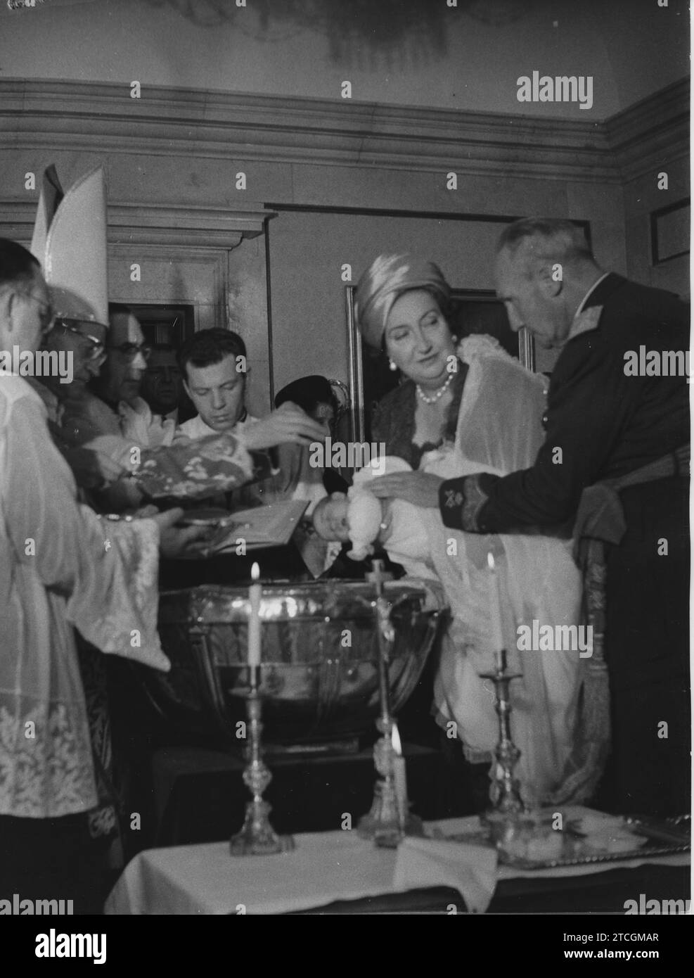 12/26/1963. Baptism of Infanta Elena María Isabel de Borbón, firstborn of Princes Don Juan Carlos and Doña Sofía. Credit: Album / Archivo ABC Stock Photo