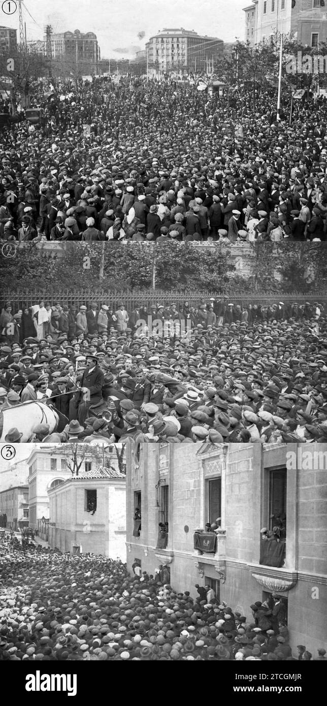04/30/1918. The strike committee in Madrid. 1.-The Surroundings of the midday station Upon the Arrival of the Amnestied. 2.-Mr. Besteiro (X) Surrounded by the Crowd, when leaving the Station. 3.-the public on Piamonte street, in front of the town house. Credit: Album / Archivo ABC / Julio Duque Stock Photo