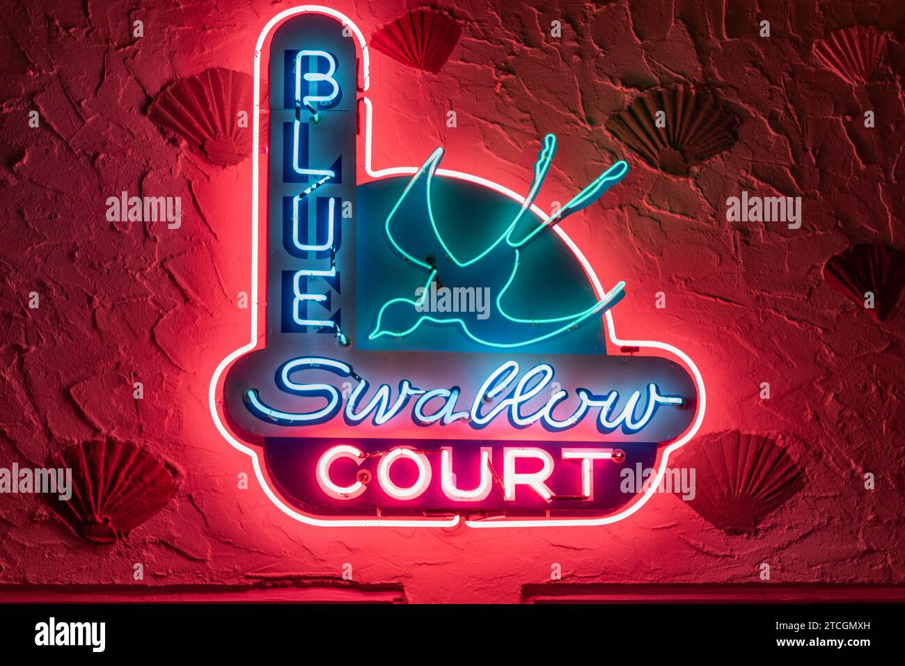 Neon sign at Blue Swallow Motel reads Blue Swallow Court, the original name when the motel opened in 1940 on Route 66, Tucumcari, New Mexico, USA. Stock Photo