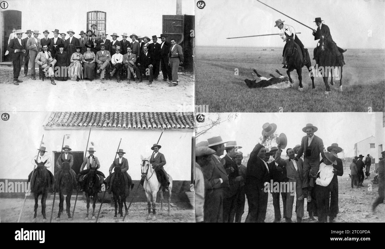 11/01/1917. Bullfighting Festival In 'la Marmoleja' (Seville). 1.-Guests in the courtyard of the Estate. 2.-Belmonte, Derribando 3.-Belmonte (1) and Joselito (2) and the Ranchers Mr. Rufinomoreno Santamaría. 4.-Joselito and Belmonte Walking on the Shoulders of Mr. Rufino Moreno Santamaría. Credit: Album / Archivo ABC / Juan Barrera Stock Photo