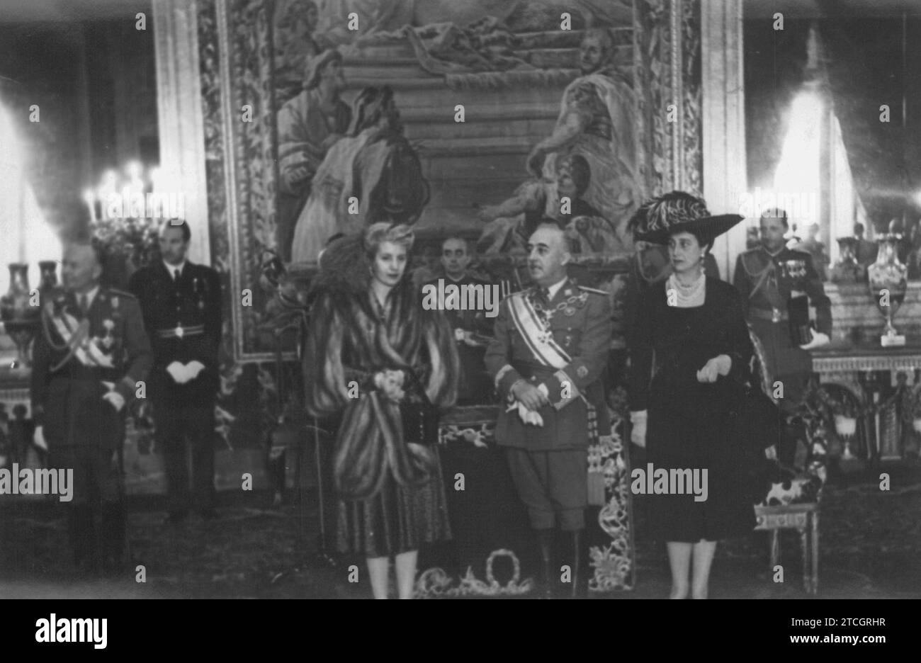 Madrid, June 1947. The Argentine Eva Duarte de Perón, with Franco and Mrs. Carmen Polo. Credit: Album / Archivo ABC Stock Photo